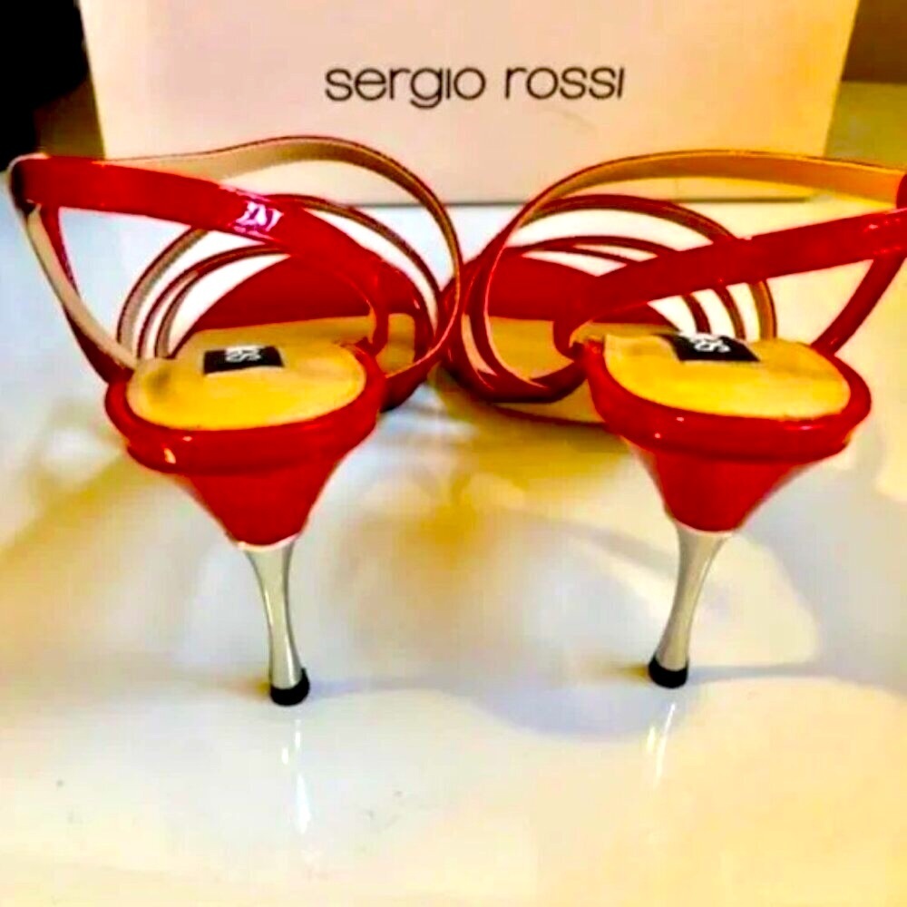 NWT SERGIO ROSSI Italy Godiva Steel Sandal Red Slingback Stiletto 7.5 MSRP $750 - Picture 3 of 5